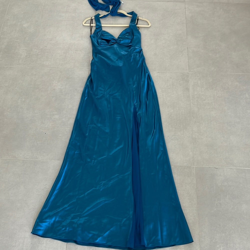 Women Teal small halter long dress front slit criss cross back detail silk alike